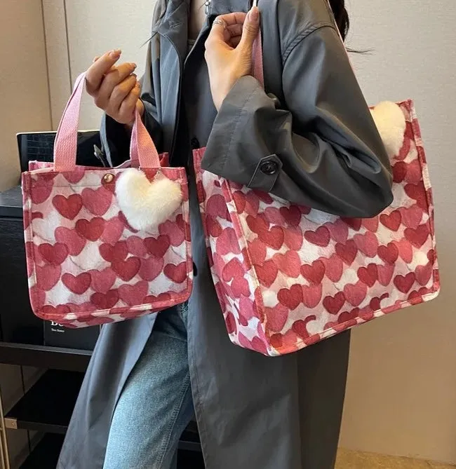 Tote Bag - Heart Dark Pink   White