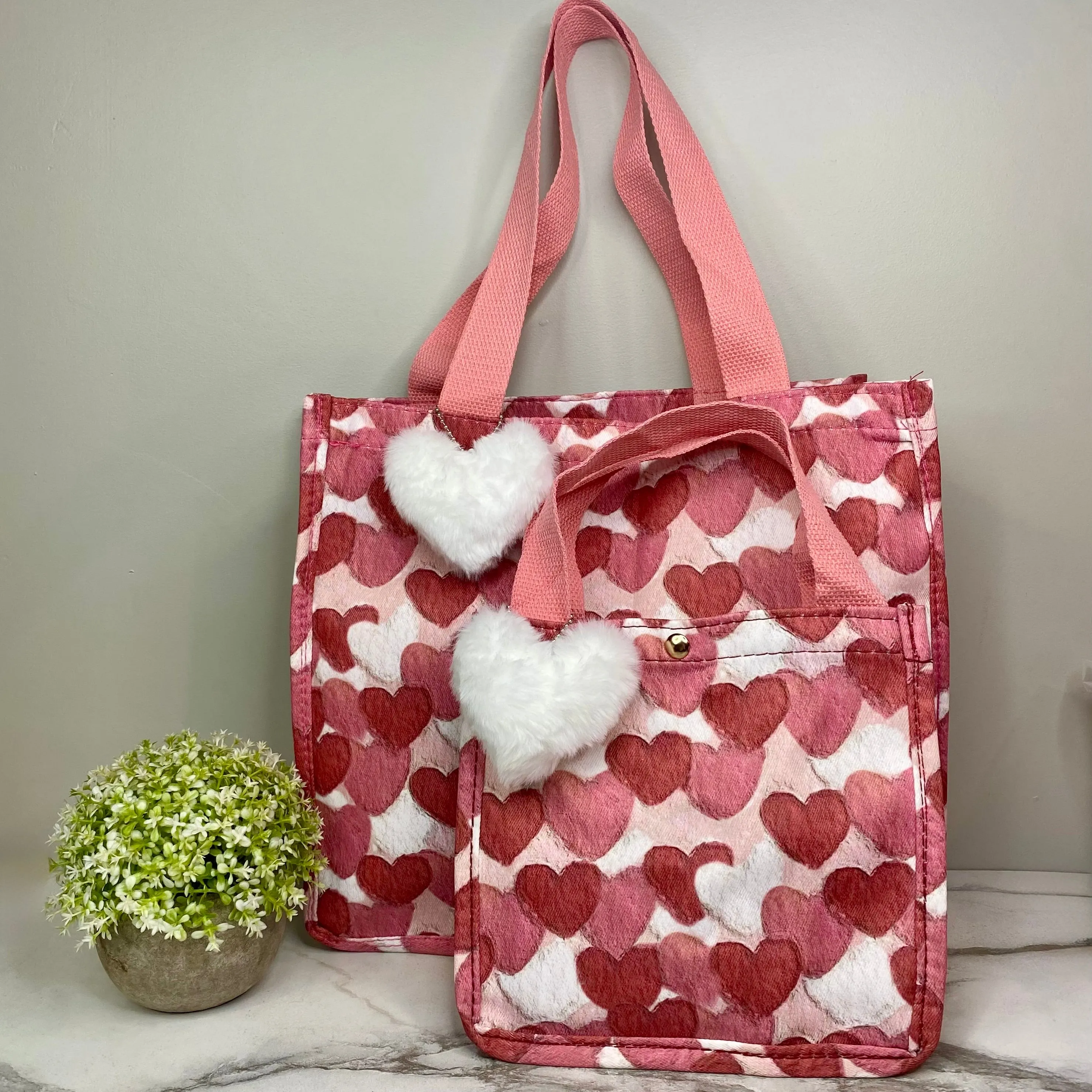 Tote Bag - Heart Dark Pink   White
