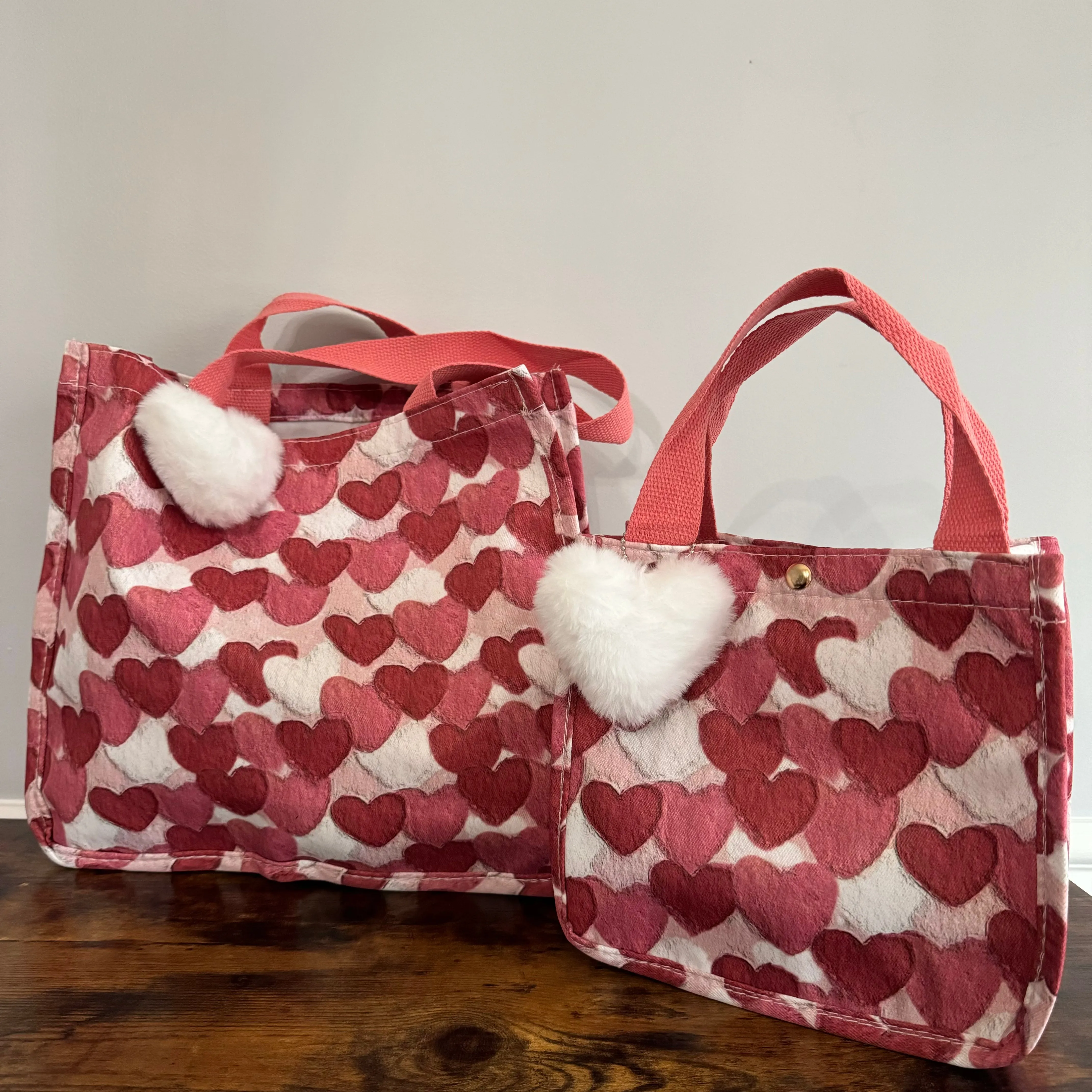 Tote Bag - Heart Dark Pink   White