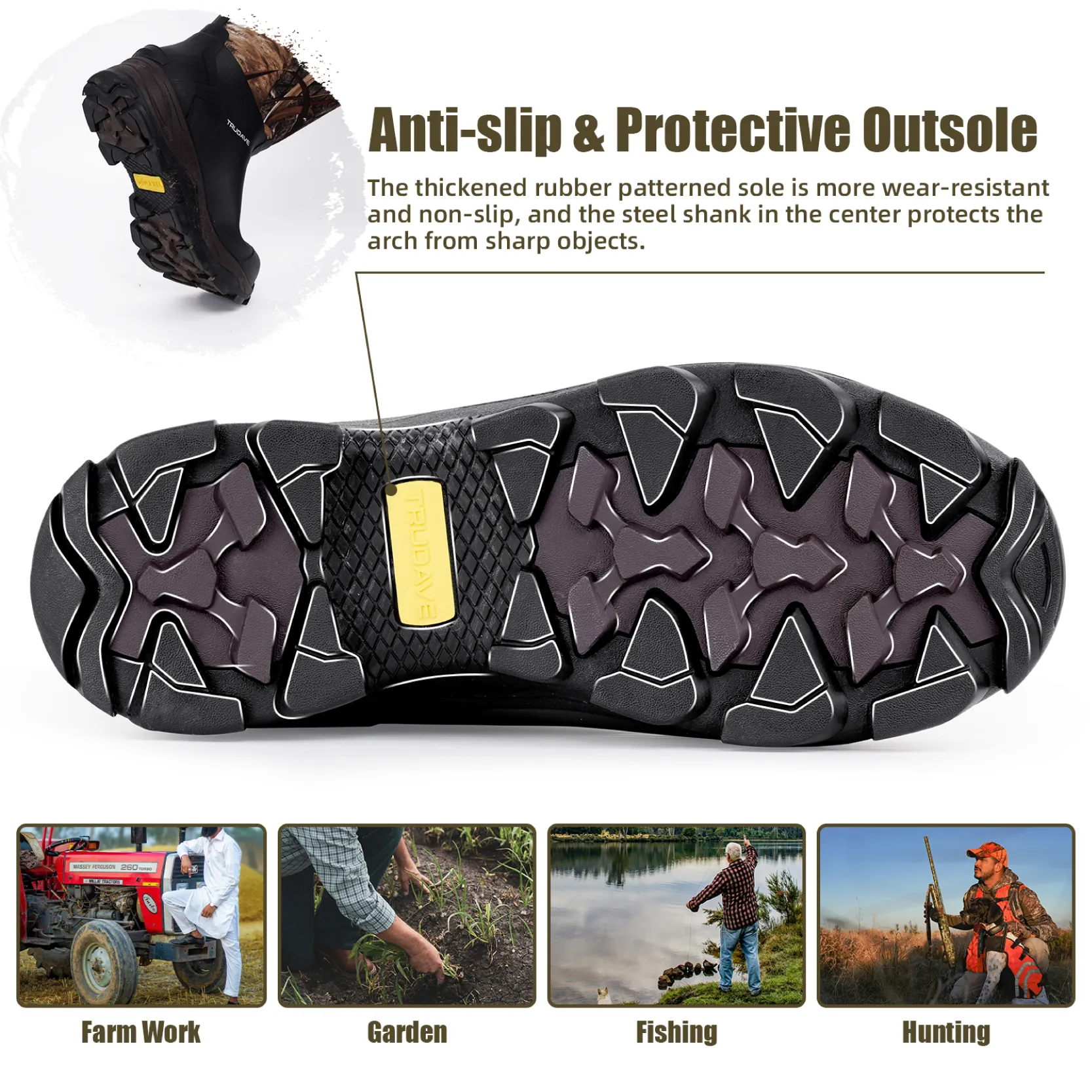 Trudave Rubber Work Hunting Rain Boots with Steel Shank - Reed Grass