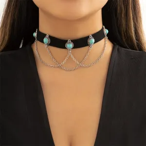 Turquoise & Silver-Plated Layered Choker Necklace