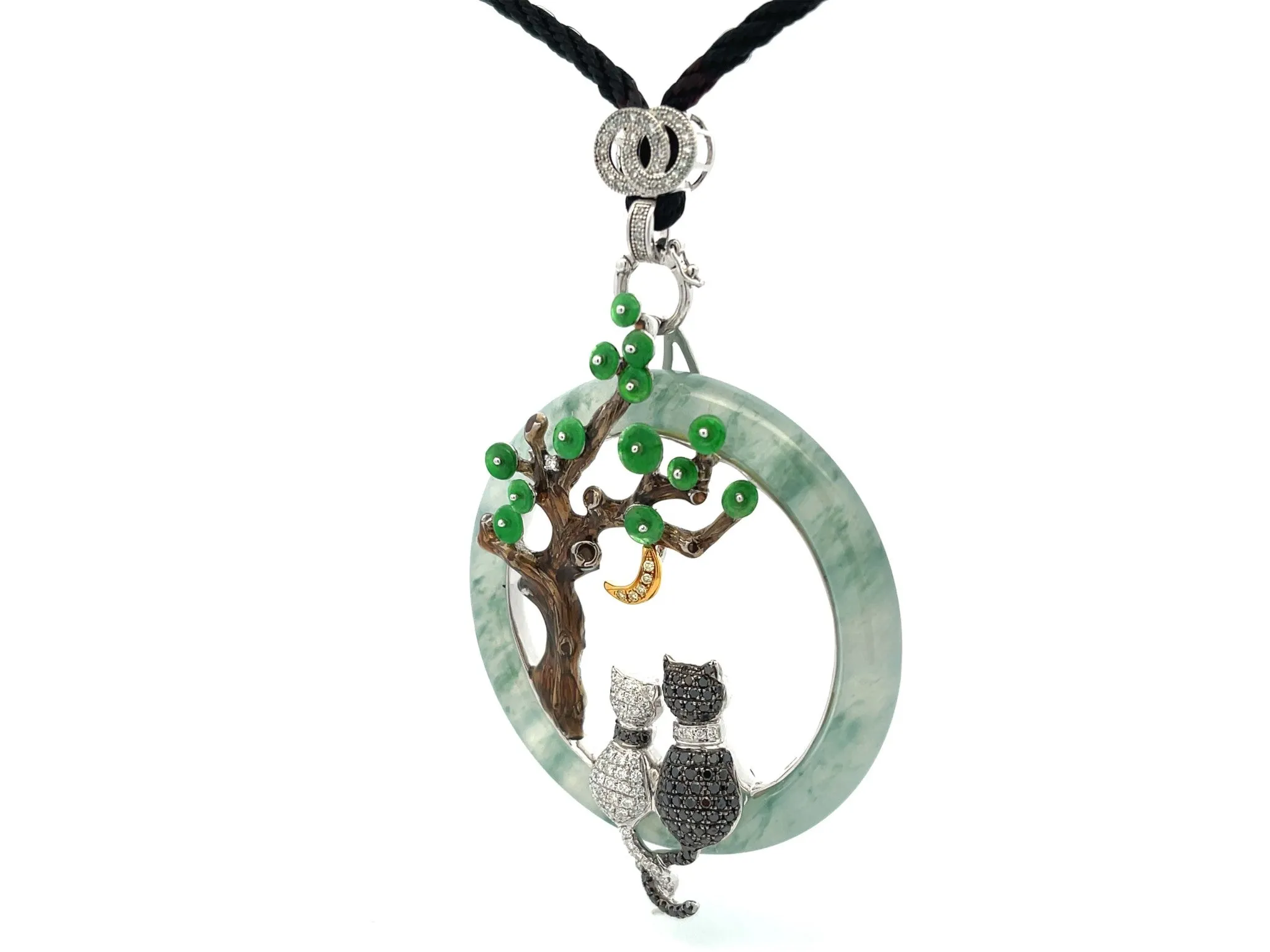 Unique Large Round Jade and Diamond Cat Lovers Pendant in 18K White Gold
