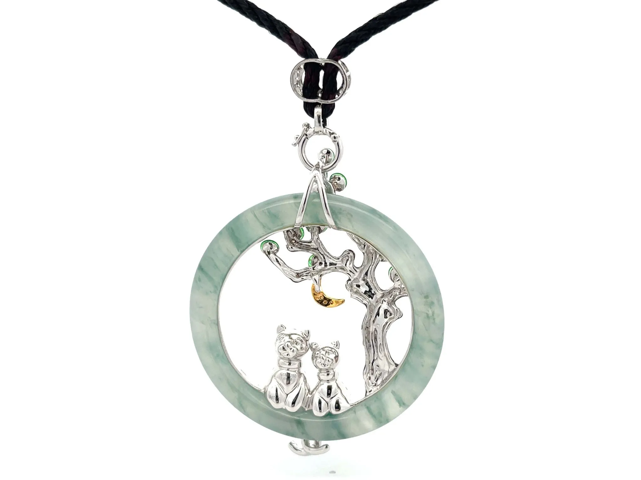 Unique Large Round Jade and Diamond Cat Lovers Pendant in 18K White Gold