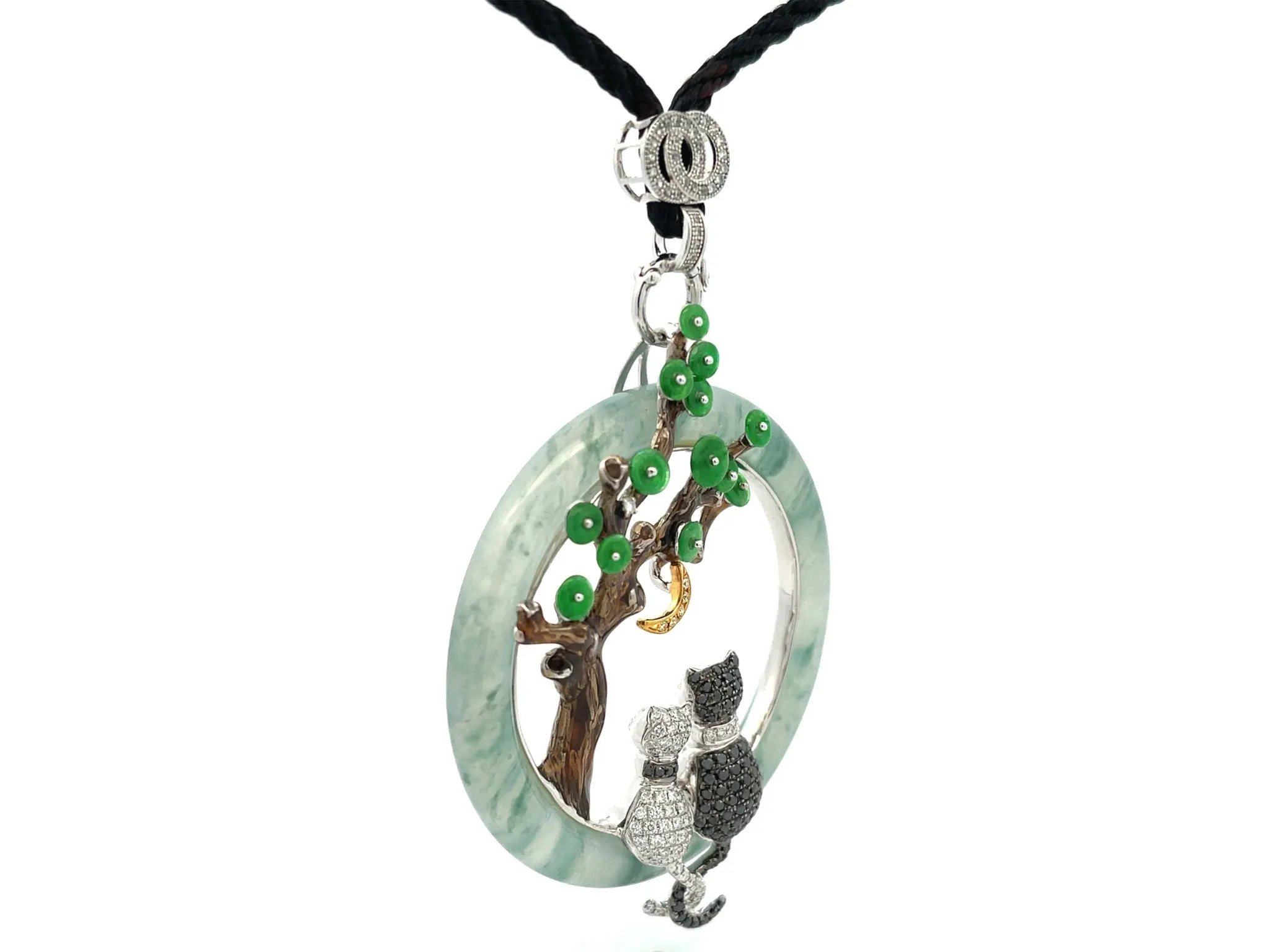 Unique Large Round Jade and Diamond Cat Lovers Pendant in 18K White Gold