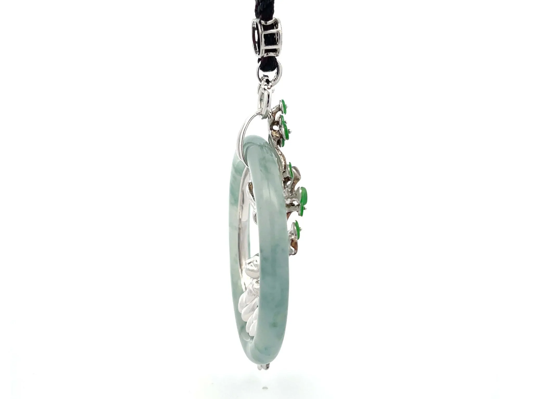 Unique Large Round Jade and Diamond Cat Lovers Pendant in 18K White Gold