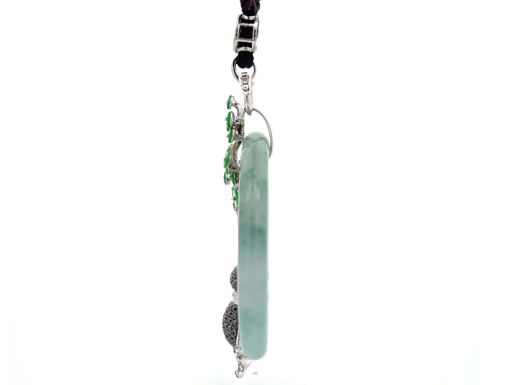 Unique Large Round Jade and Diamond Cat Lovers Pendant in 18K White Gold