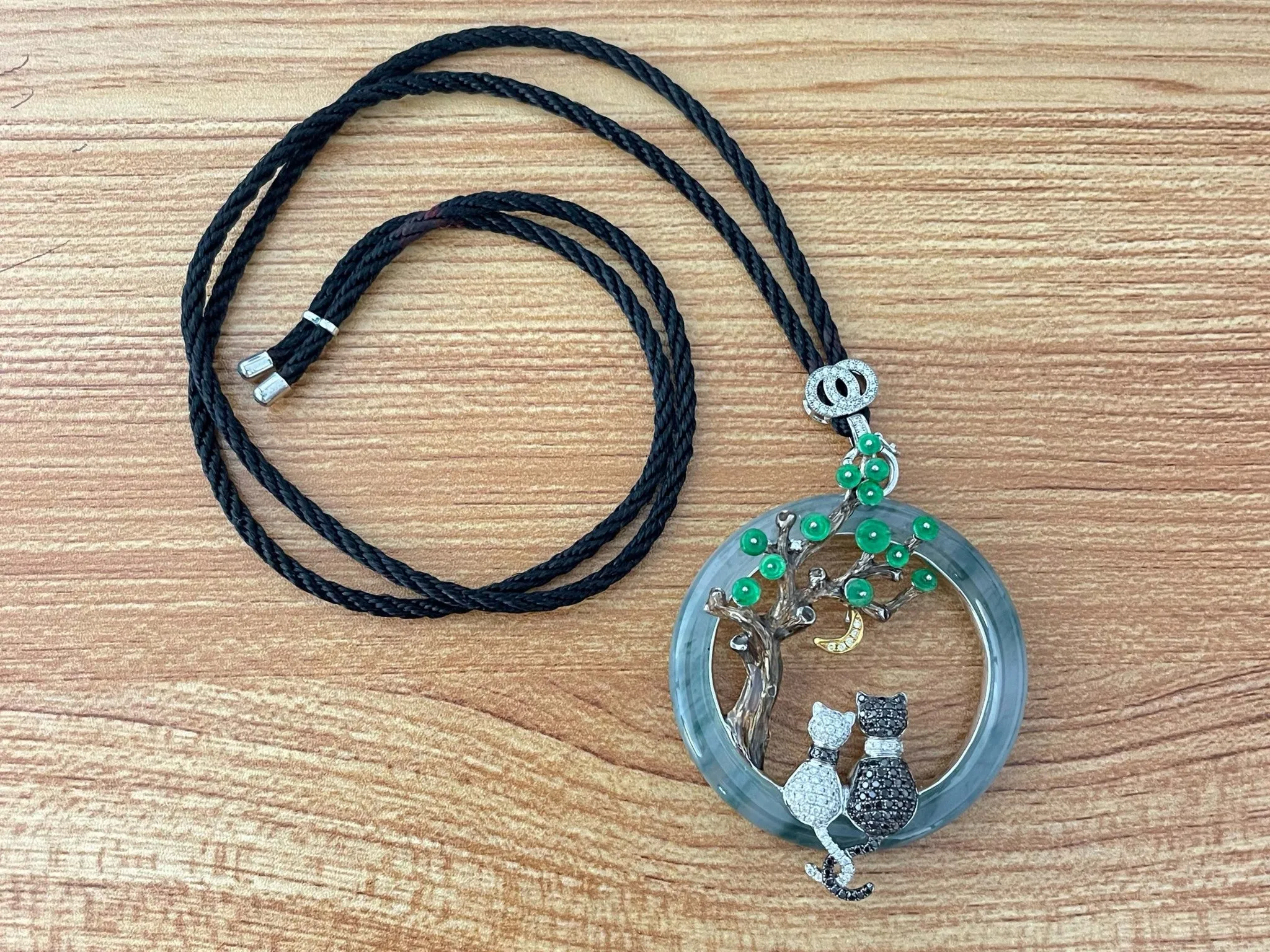 Unique Large Round Jade and Diamond Cat Lovers Pendant in 18K White Gold
