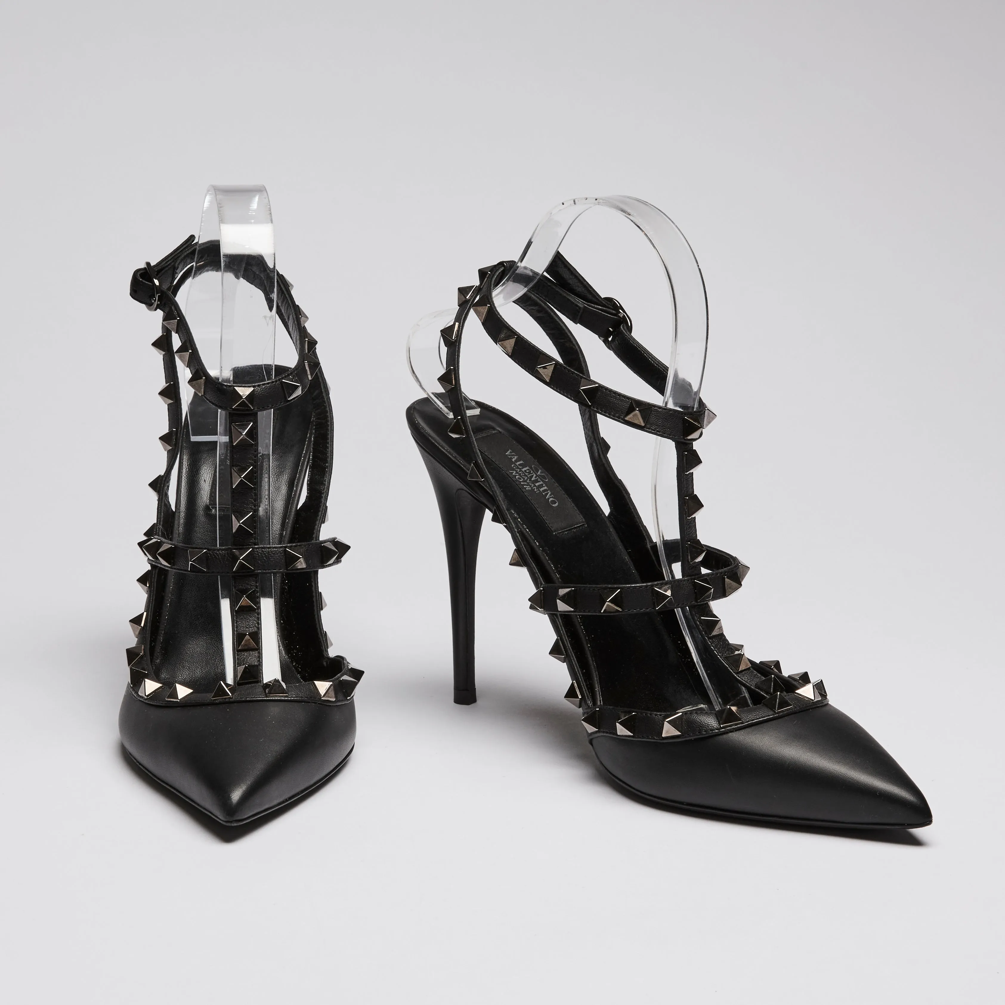 Valentino Black Brushed Leather Rockstud Heel Sandals Size 41
