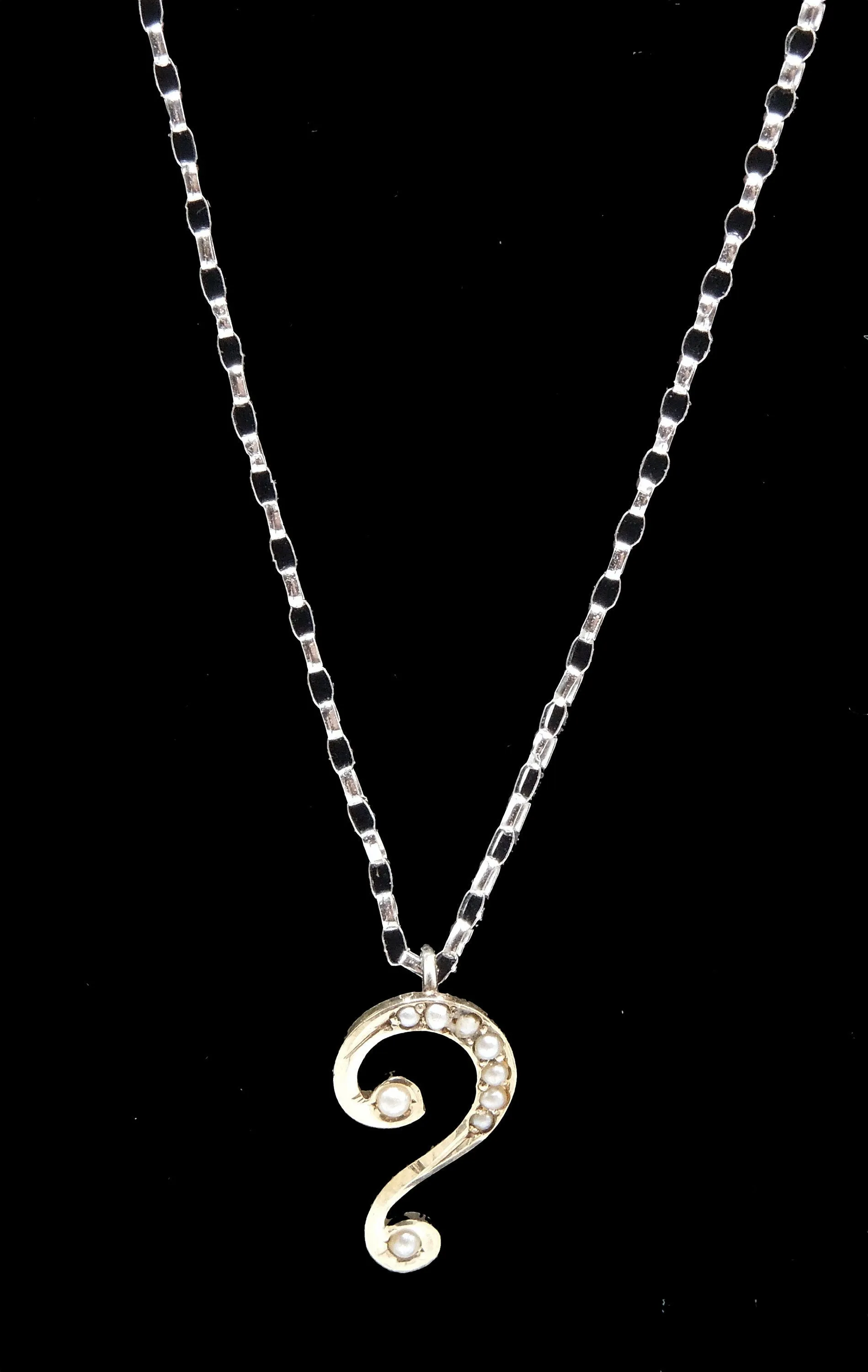 Victorian Yellow Gold and Seed Pearl Question Mark Pendant Necklace