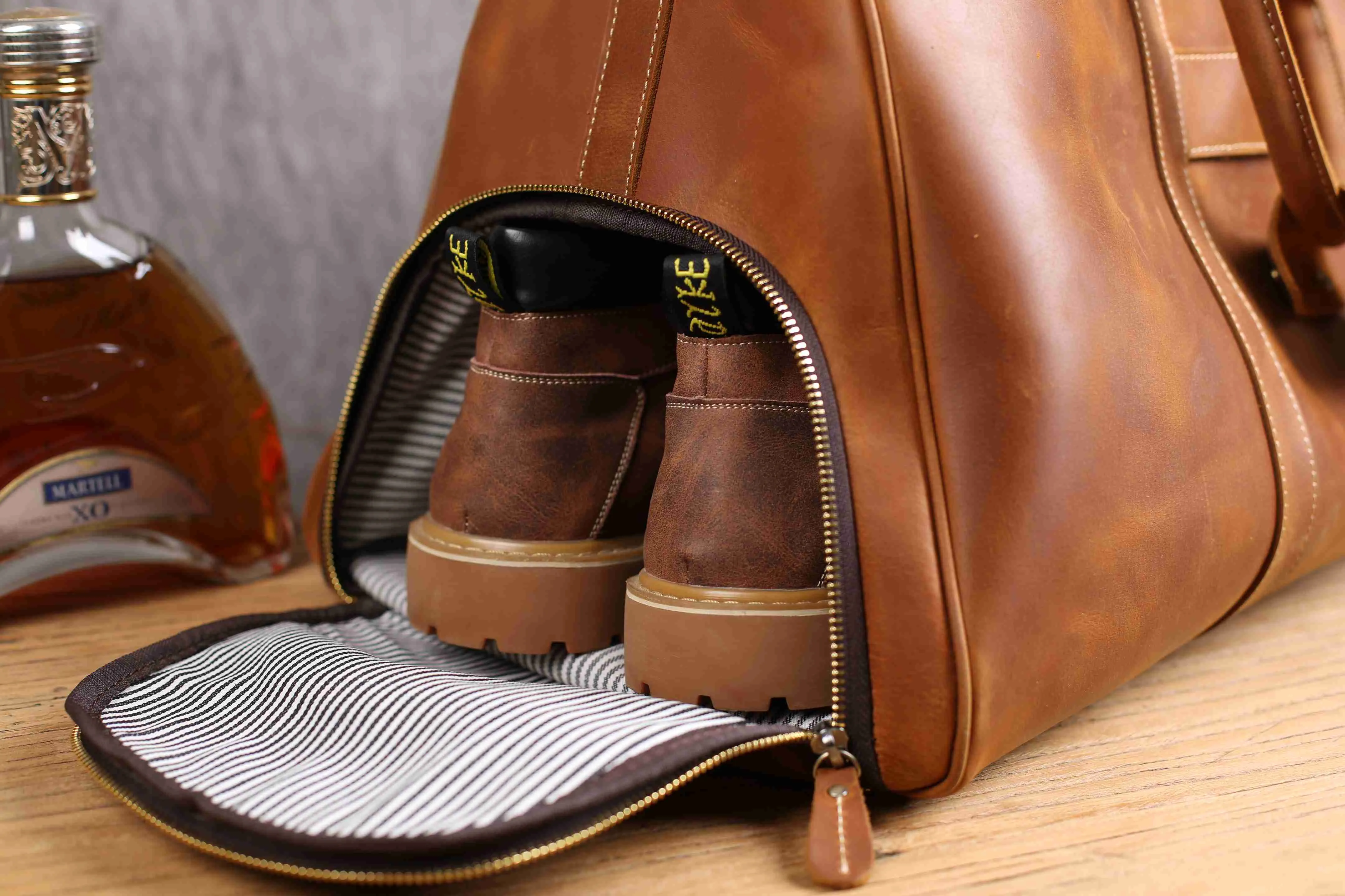 Vintage Crazy Horse Leather Duffle Bag with Shoes Compartment, Leather Travel Bag, Weekender Bag