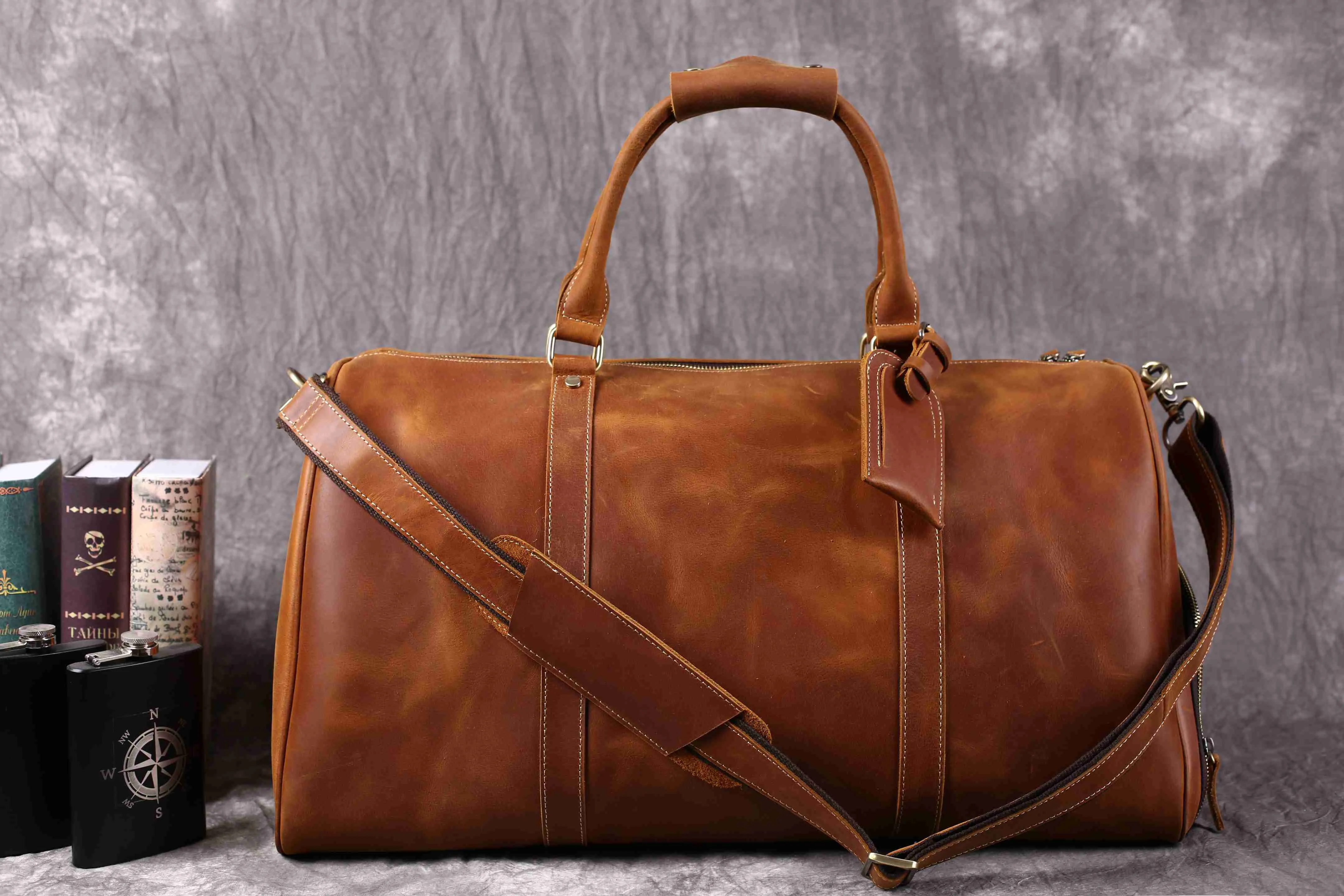 Vintage Crazy Horse Leather Duffle Bag with Shoes Compartment, Leather Travel Bag, Weekender Bag