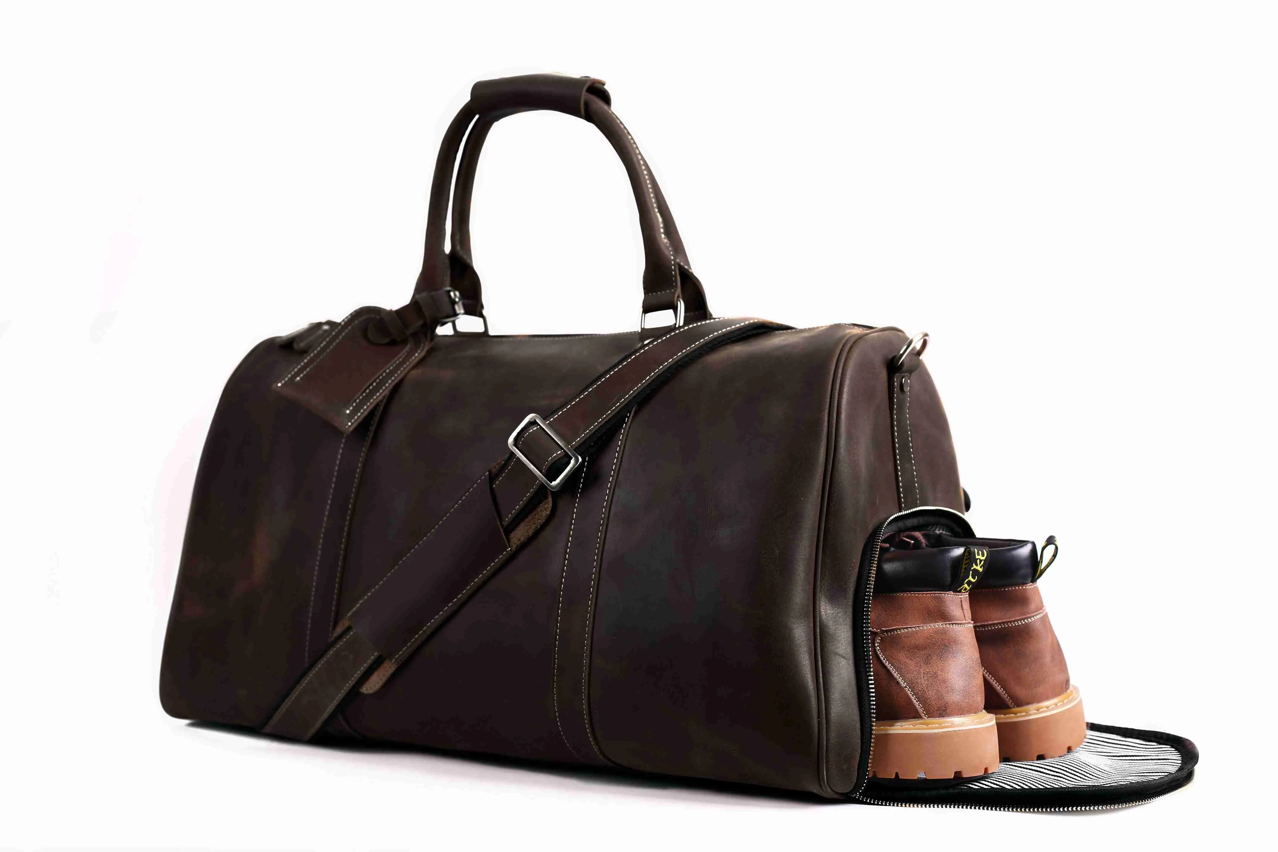 Vintage Crazy Horse Leather Duffle Bag with Shoes Compartment, Leather Travel Bag, Weekender Bag