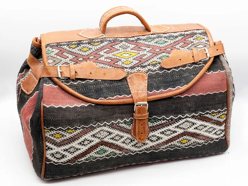 Vintage Kilim Travel Bag - Handmade Leather Weekender Bag