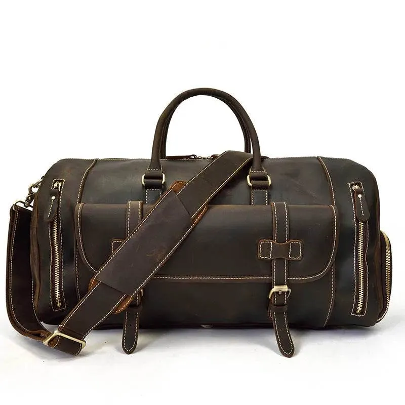Vintage Leather Travel Duffle Bag with Shoe Pocket Weekend Bag