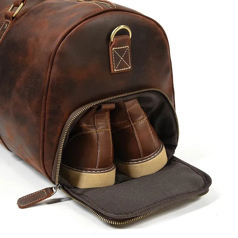 Vintage Leather Travel Duffle Bag with Shoe Pocket Weekend Bag