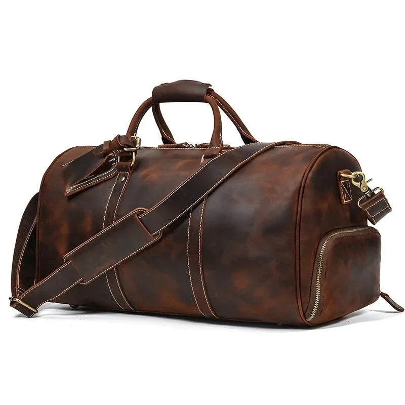 Vintage Leather Travel Duffle Bag with Shoe Pocket Weekend Bag