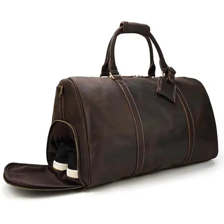 Vintage Leather Travel Duffle Bag with Shoe Pocket Weekend Bag