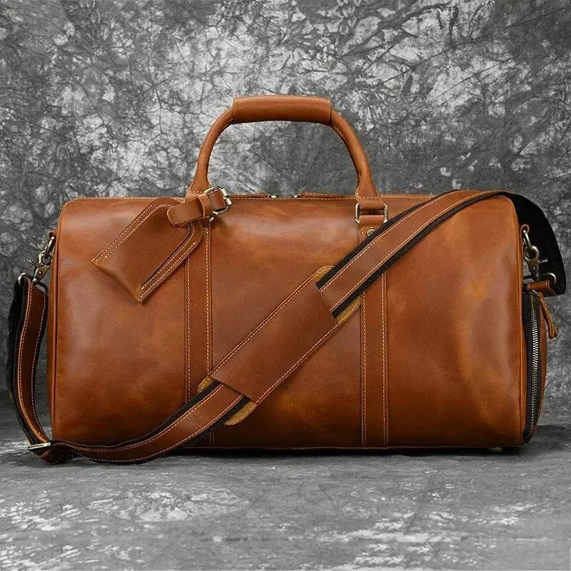 Vintage Leather Travel Duffle Bag with Shoe Pocket Weekend Bag