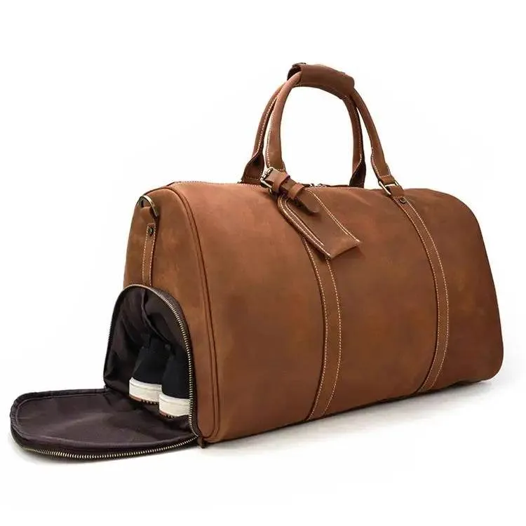 Vintage Leather Travel Duffle Bag with Shoe Pocket Weekend Bag