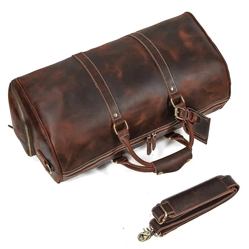 Vintage Leather Travel Duffle Bag with Shoe Pocket Weekend Bag