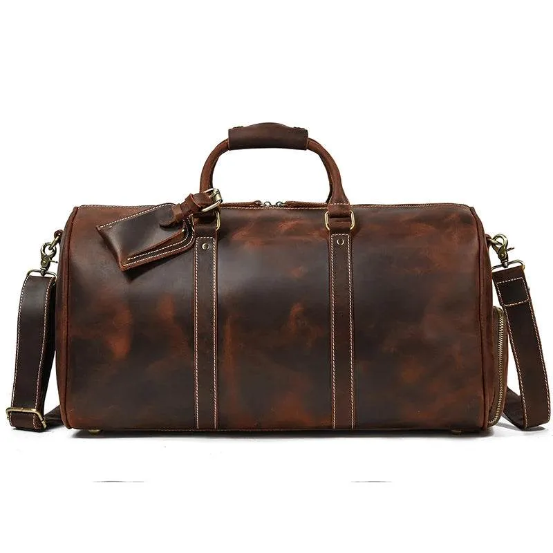 Vintage Leather Travel Duffle Bag with Shoe Pocket Weekend Bag