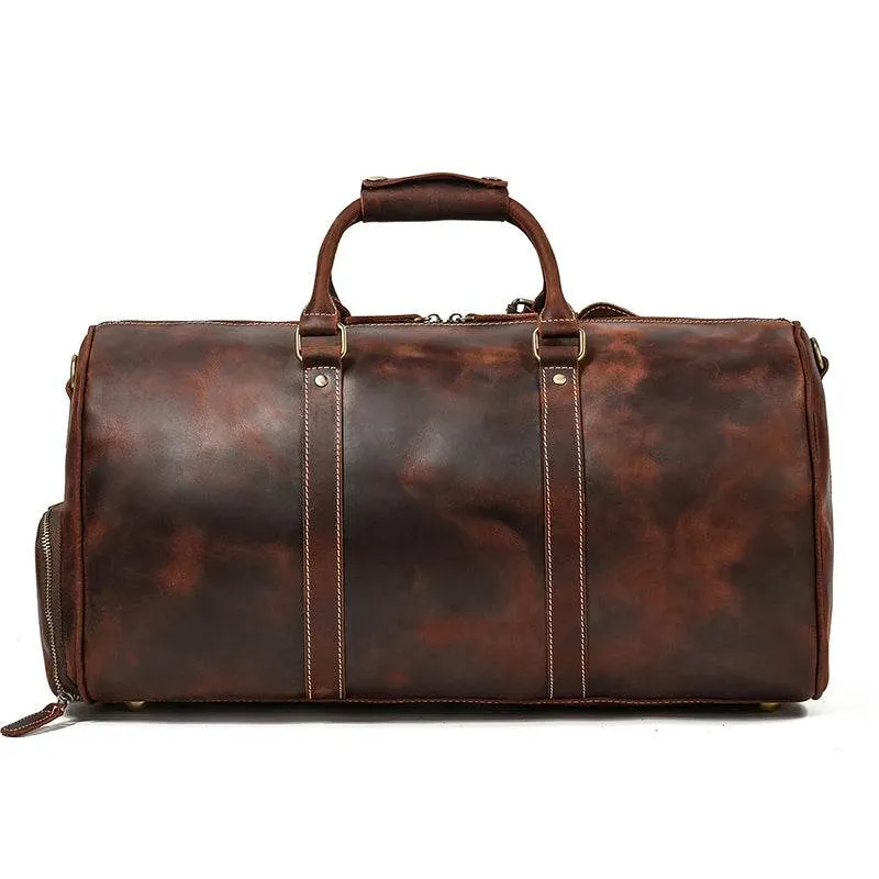 Vintage Leather Travel Duffle Bag with Shoe Pocket Weekend Bag