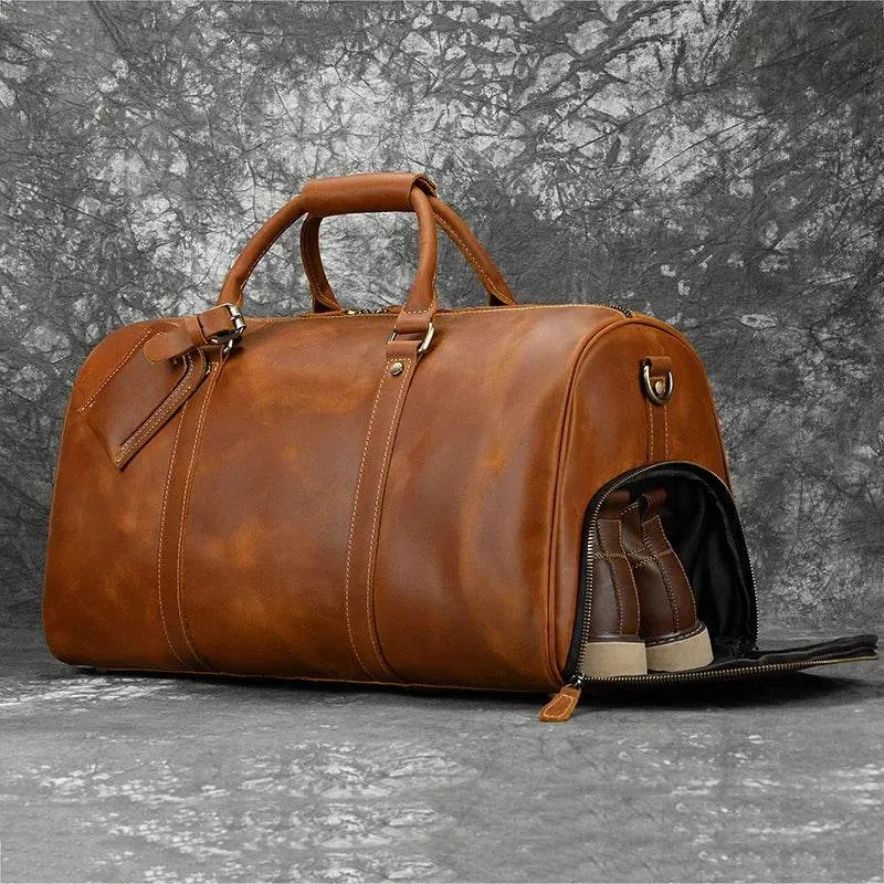 Vintage Leather Travel Duffle Bag with Shoe Pocket Weekend Bag