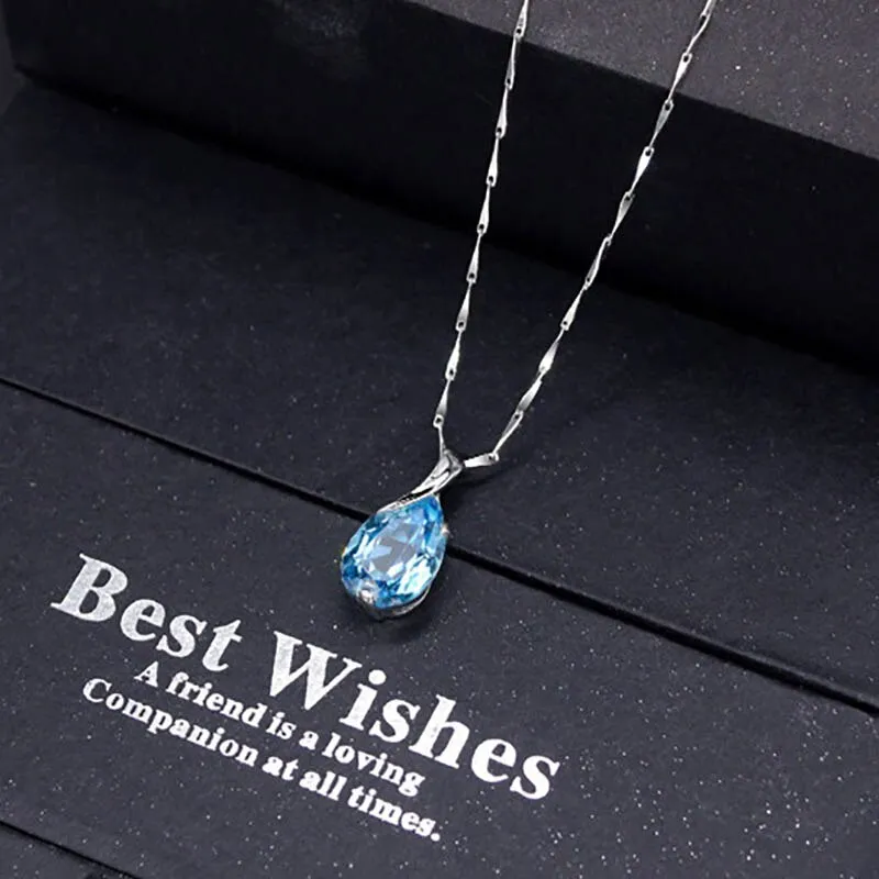 Water Drop Aquamarine Pendant Necklace for Women Engagement Jewelry