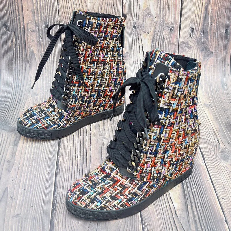 Wedge High Heel Boots Women Mixed Colored Woolen Fabric Leather Lace Up Platform Ankle Boots Women Motorcycle Boots Zipper Boots
