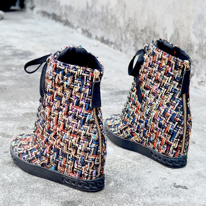 Wedge High Heel Boots Women Mixed Colored Woolen Fabric Leather Lace Up Platform Ankle Boots Women Motorcycle Boots Zipper Boots