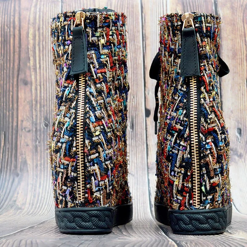 Wedge High Heel Boots Women Mixed Colored Woolen Fabric Leather Lace Up Platform Ankle Boots Women Motorcycle Boots Zipper Boots