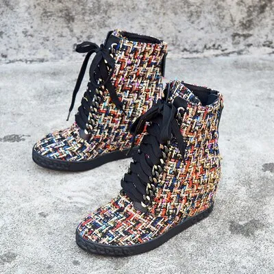 Wedge High Heel Boots Women Mixed Colored Woolen Fabric Leather Lace Up Platform Ankle Boots Women Motorcycle Boots Zipper Boots