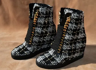 Wedge High Heel Boots Women Mixed Colored Woolen Fabric Leather Lace Up Platform Ankle Boots Women Motorcycle Boots Zipper Boots