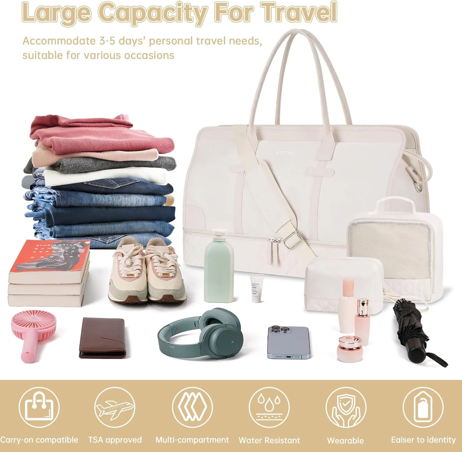 Weekend Travel Bag with Shoe Compartment and USB Charging Port, Gym Bag