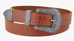 Western Tooled Vintage Buckle Leather Belt-Tan