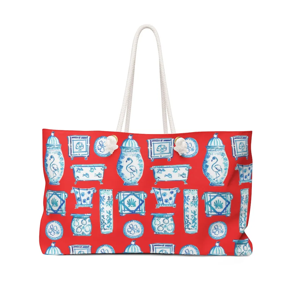 When Blue and White Met the Tropics red Weekender Bag