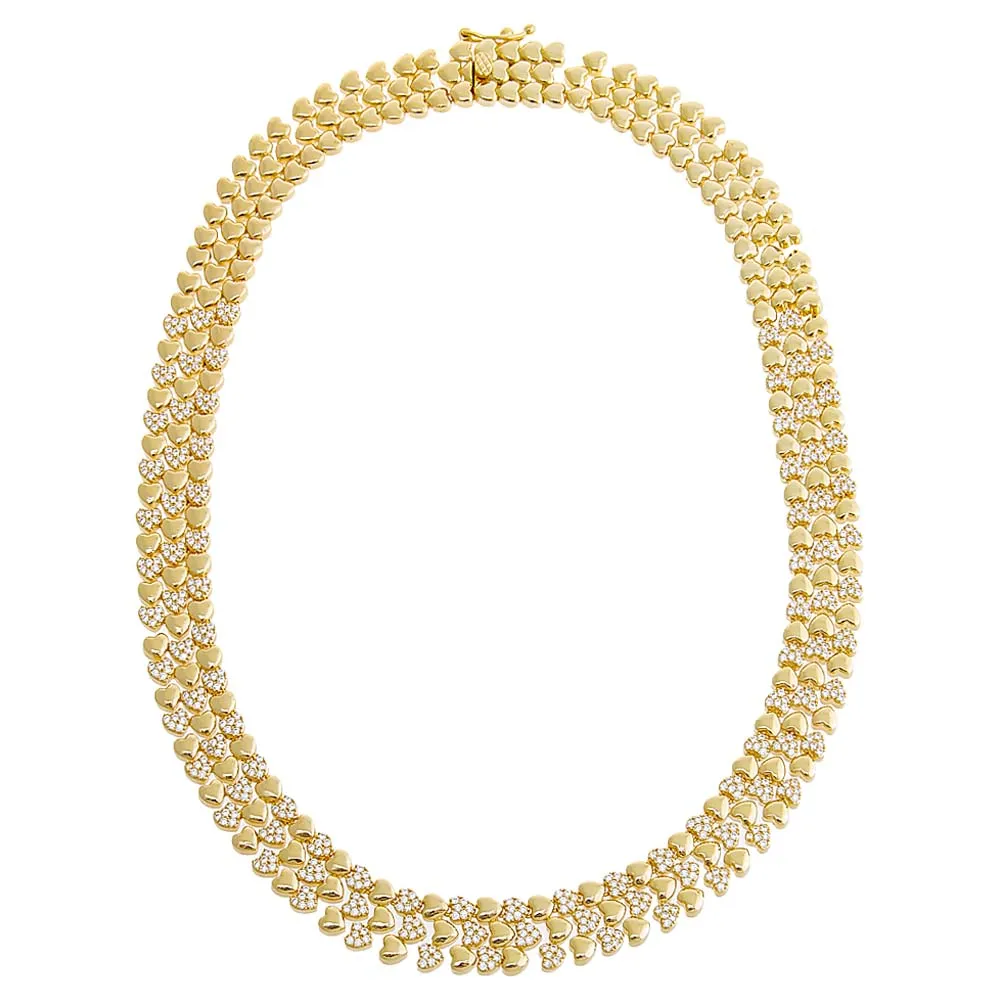 Wide Pave/Solid Hearts Chain Choker Necklace