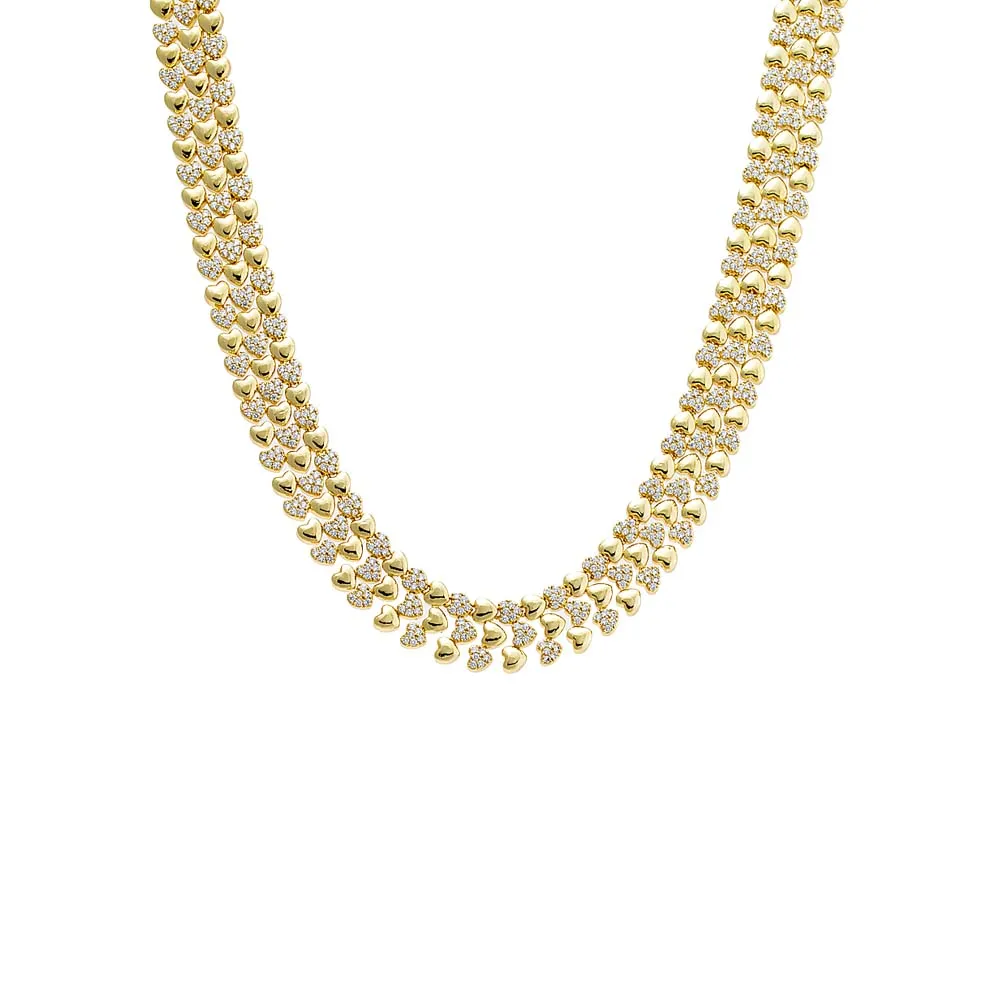 Wide Pave/Solid Hearts Chain Choker Necklace