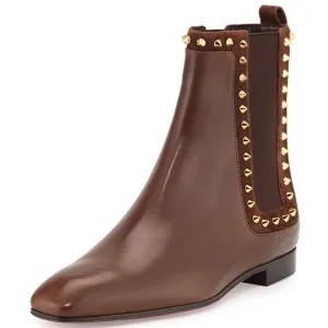 Women Brown Snow Winter Rivets Square Toe Low Heels Ankle Boots Genuine Cow Leather Party&evening&outdoor Large Size 46 Slip-On