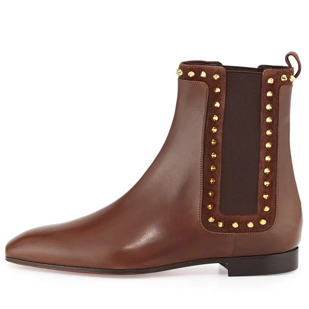 Women Brown Snow Winter Rivets Square Toe Low Heels Ankle Boots Genuine Cow Leather Party&evening&outdoor Large Size 46 Slip-On