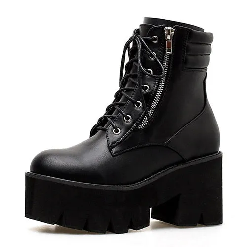 Women Motorcycle Boots Chunky Heels Shoes