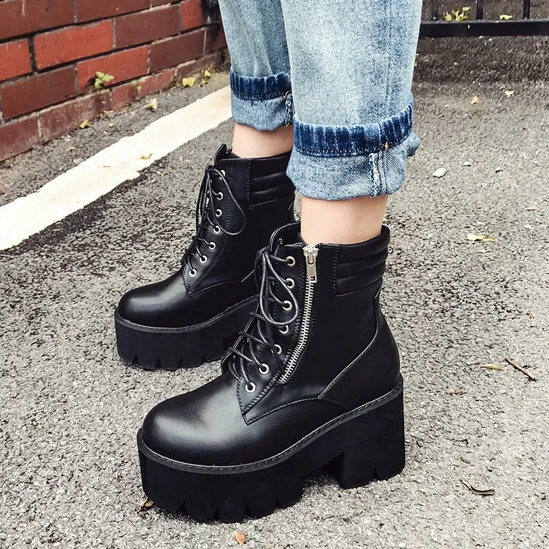 Women Motorcycle Boots Chunky Heels Shoes