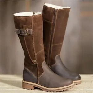 women square heel round toe knee high boots buckle zipper