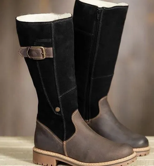 women square heel round toe knee high boots buckle zipper
