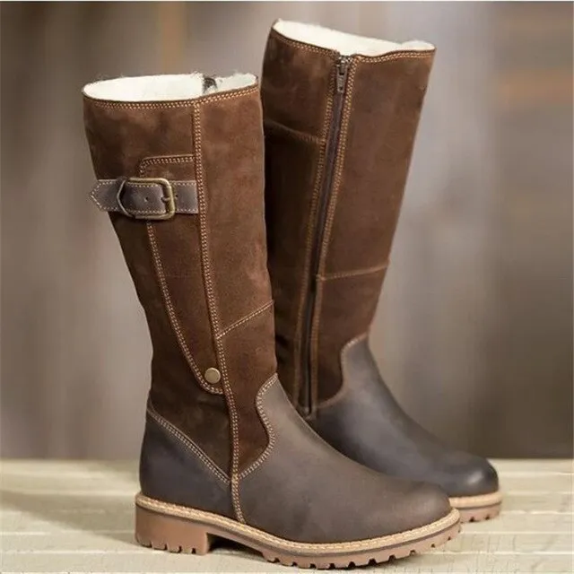 women square heel round toe knee high boots buckle zipper