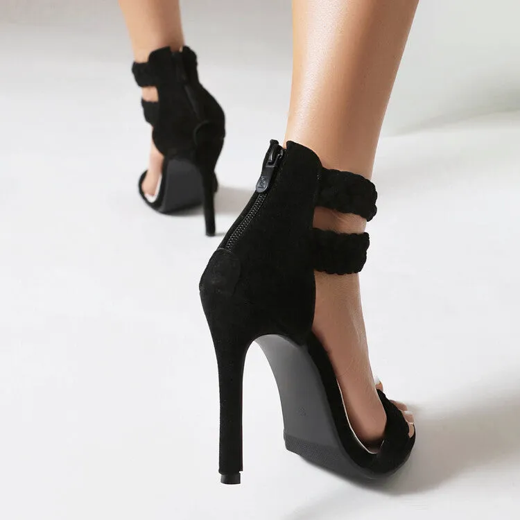 Women's Back Zippers Ankle Strap Stiletto Heel Sandals