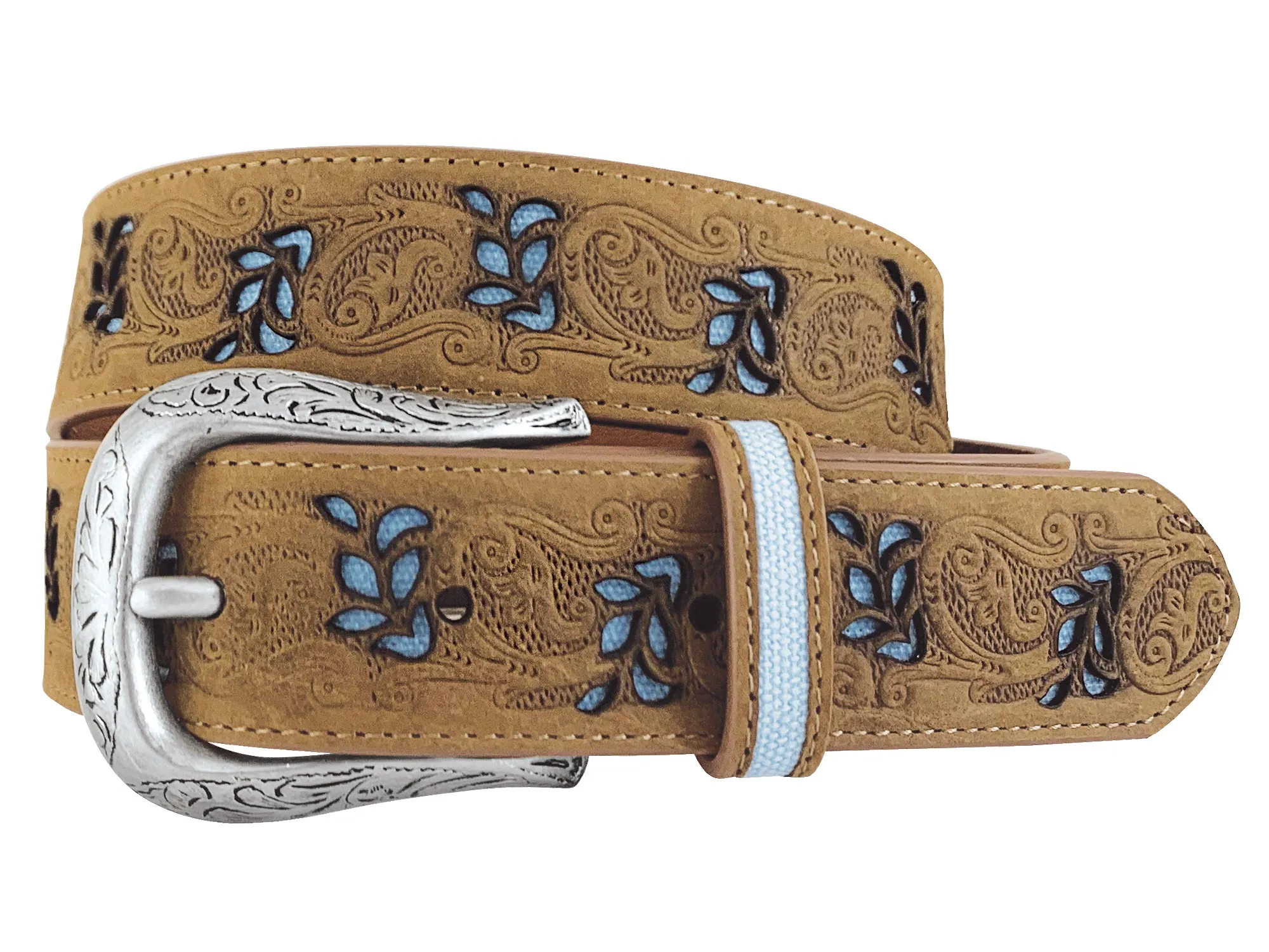 Women's Distressed Leather Brown Belt - Floral Emboss