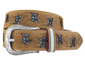 Women's Distressed Leather Brown Belt - Floral Emboss