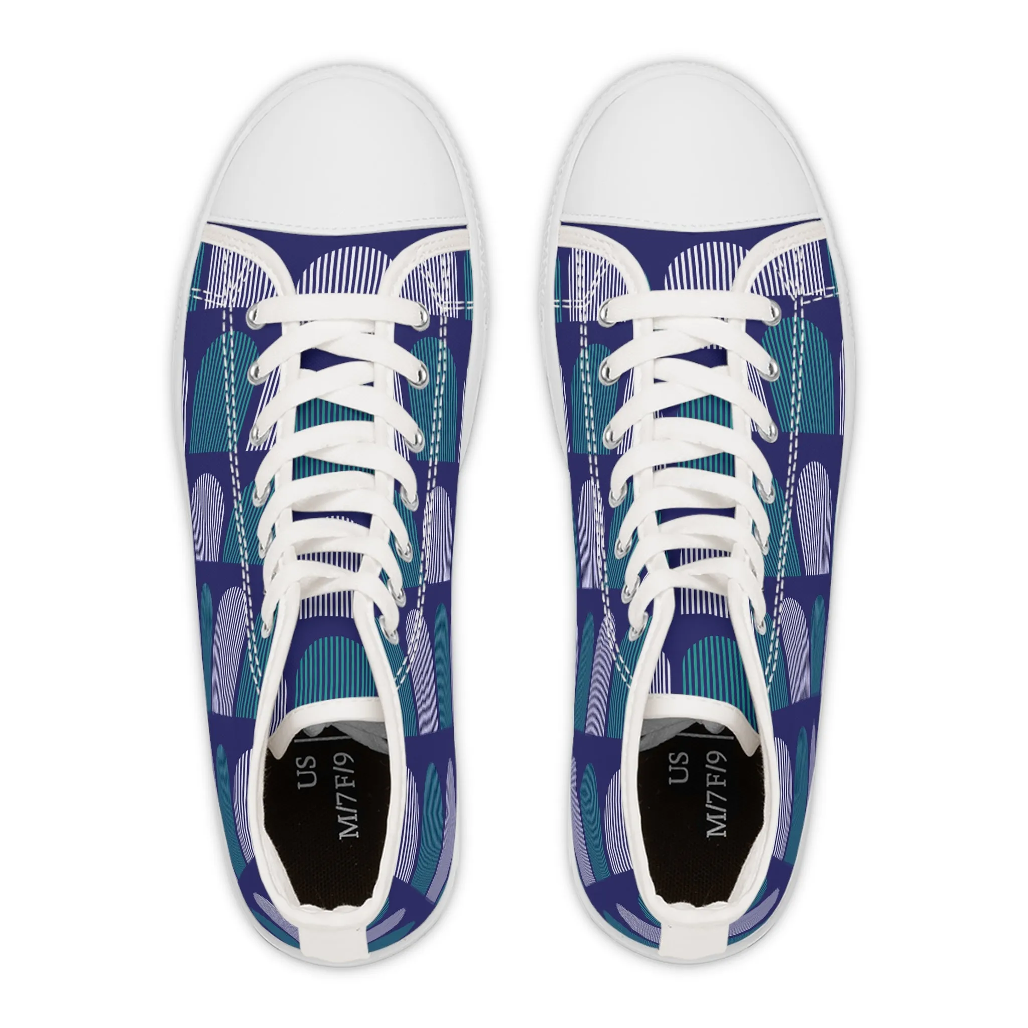 Women's High Top Canvas Sneakers - Teal and White Arcs