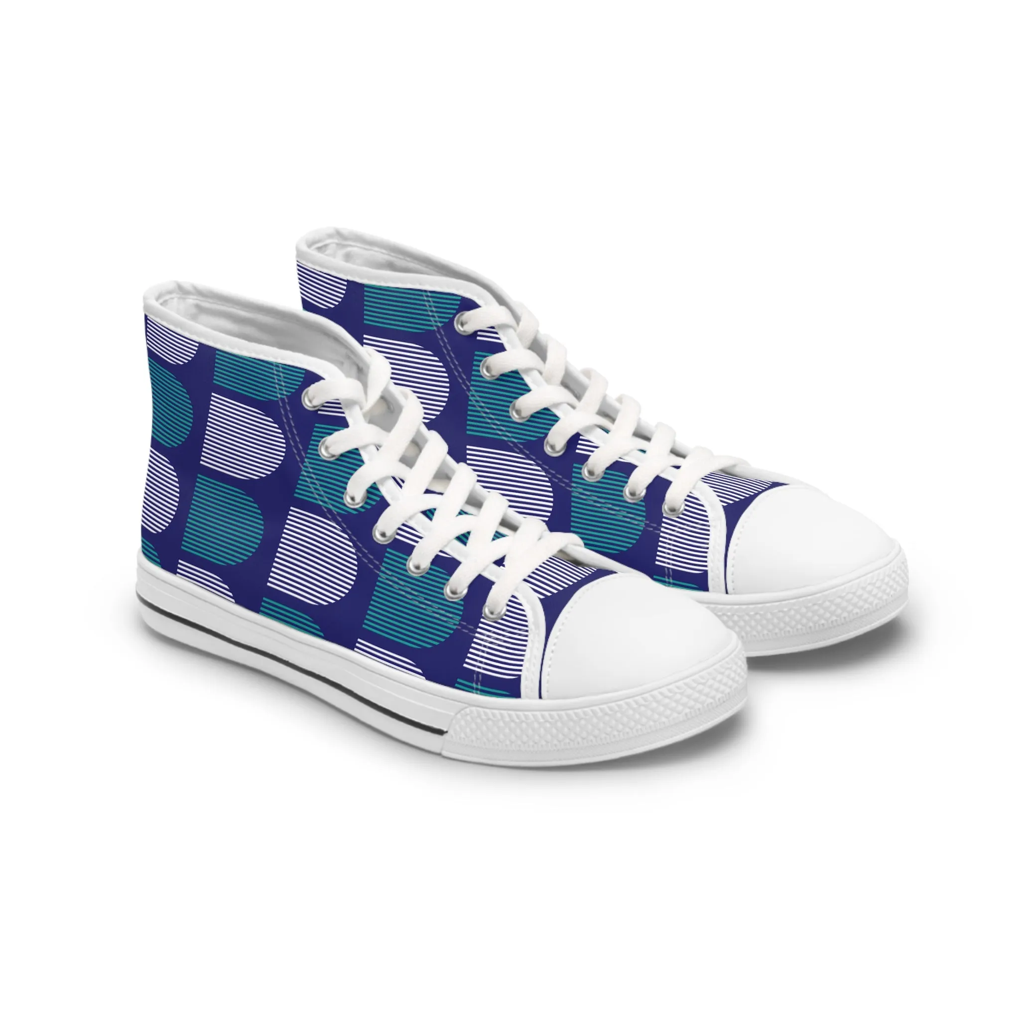 Women's High Top Canvas Sneakers - Teal and White Arcs